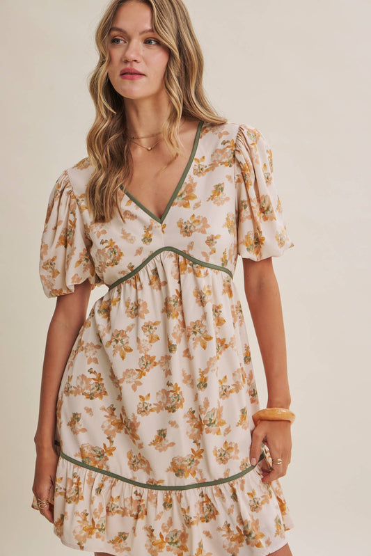 VINTAGE FLORAL BACK BOW BUBBLE SLEEVES FLARE MINI DRESS