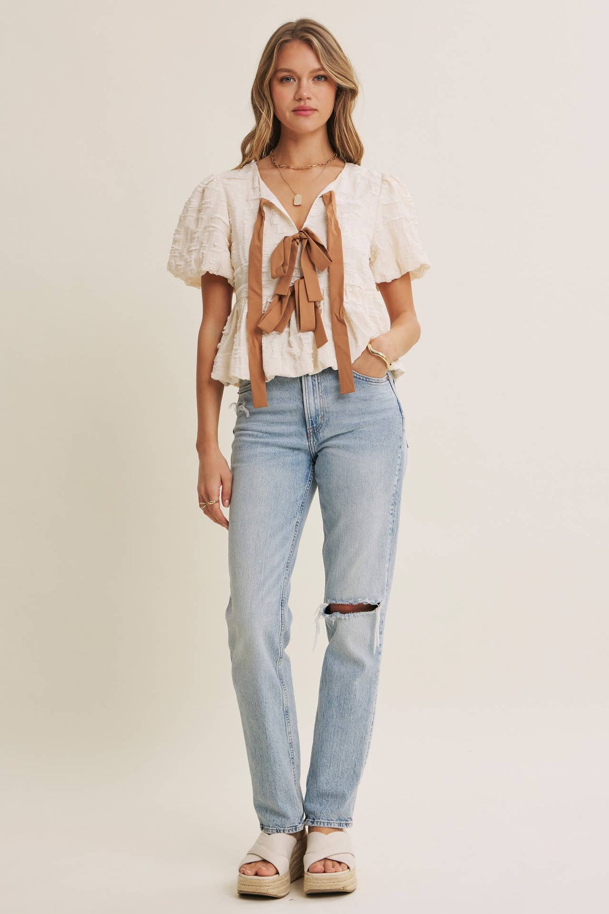 BESTSELLER ROMANTIC TEXTURED CONTRAST BOW PEPLUM BLOUSE