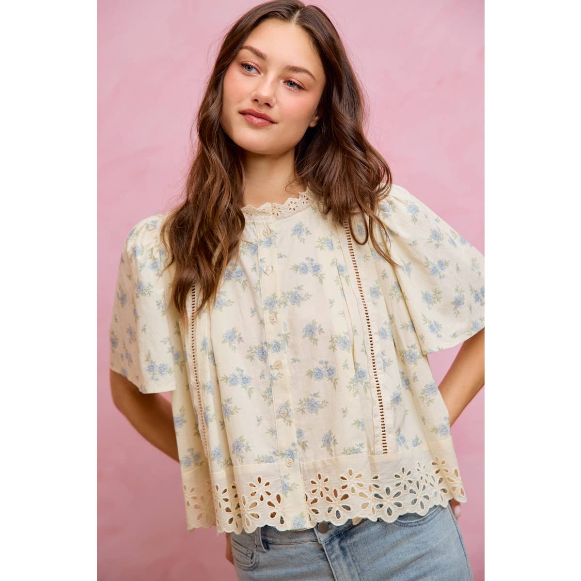 FLORAL PRINT LACE TRIM FLUTTER SLEEVES BLOUSE