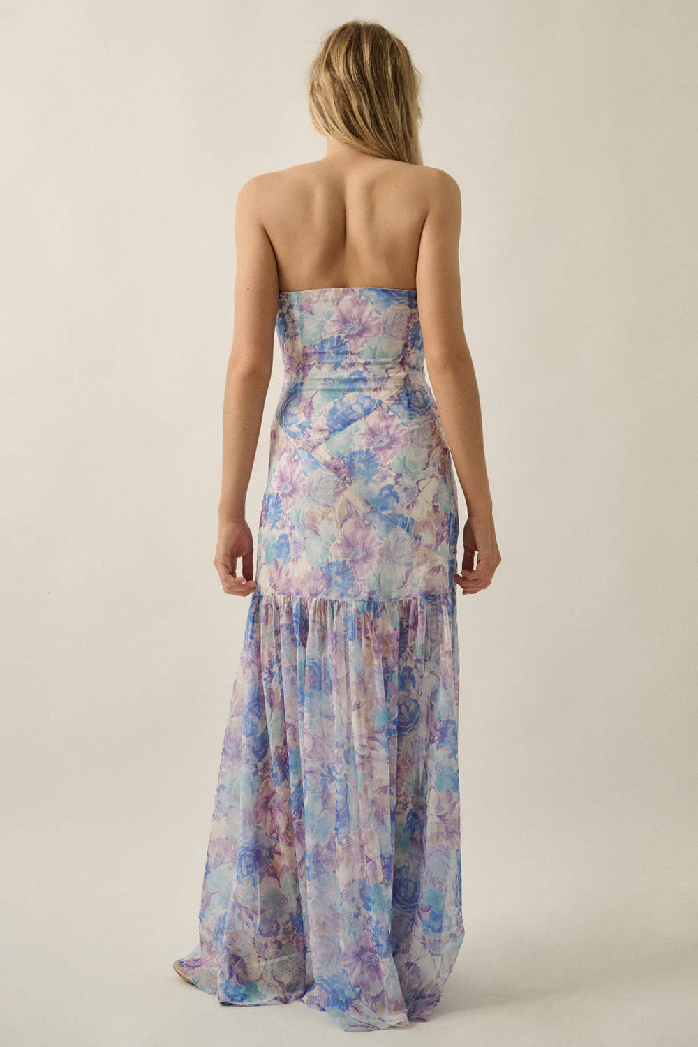 Floral Chiffon Asymmetrical Strapless Drop-Waist Maxi Dress