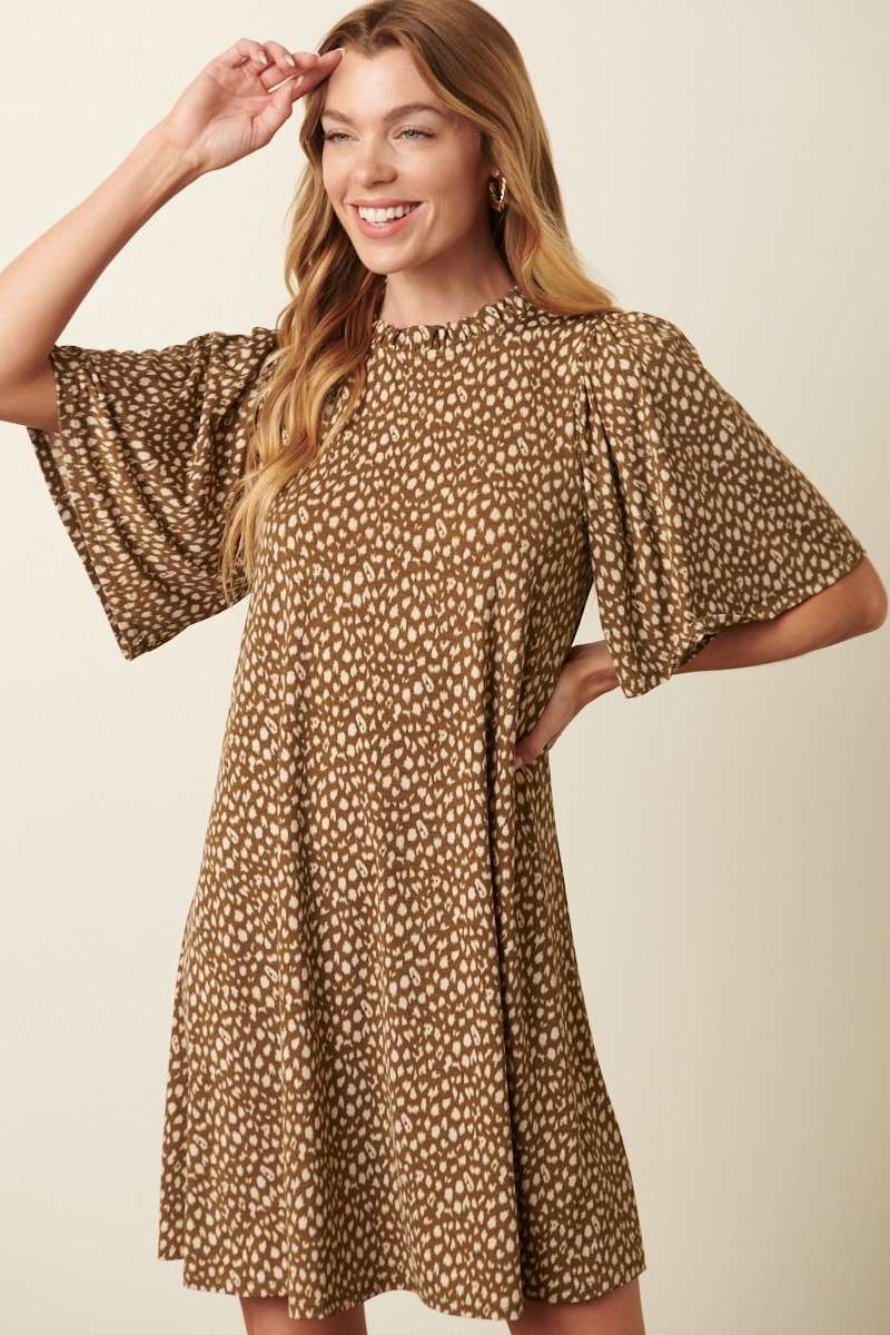 ANIMAL PRINT RUFFLE MOCK NECK MINI DRESS