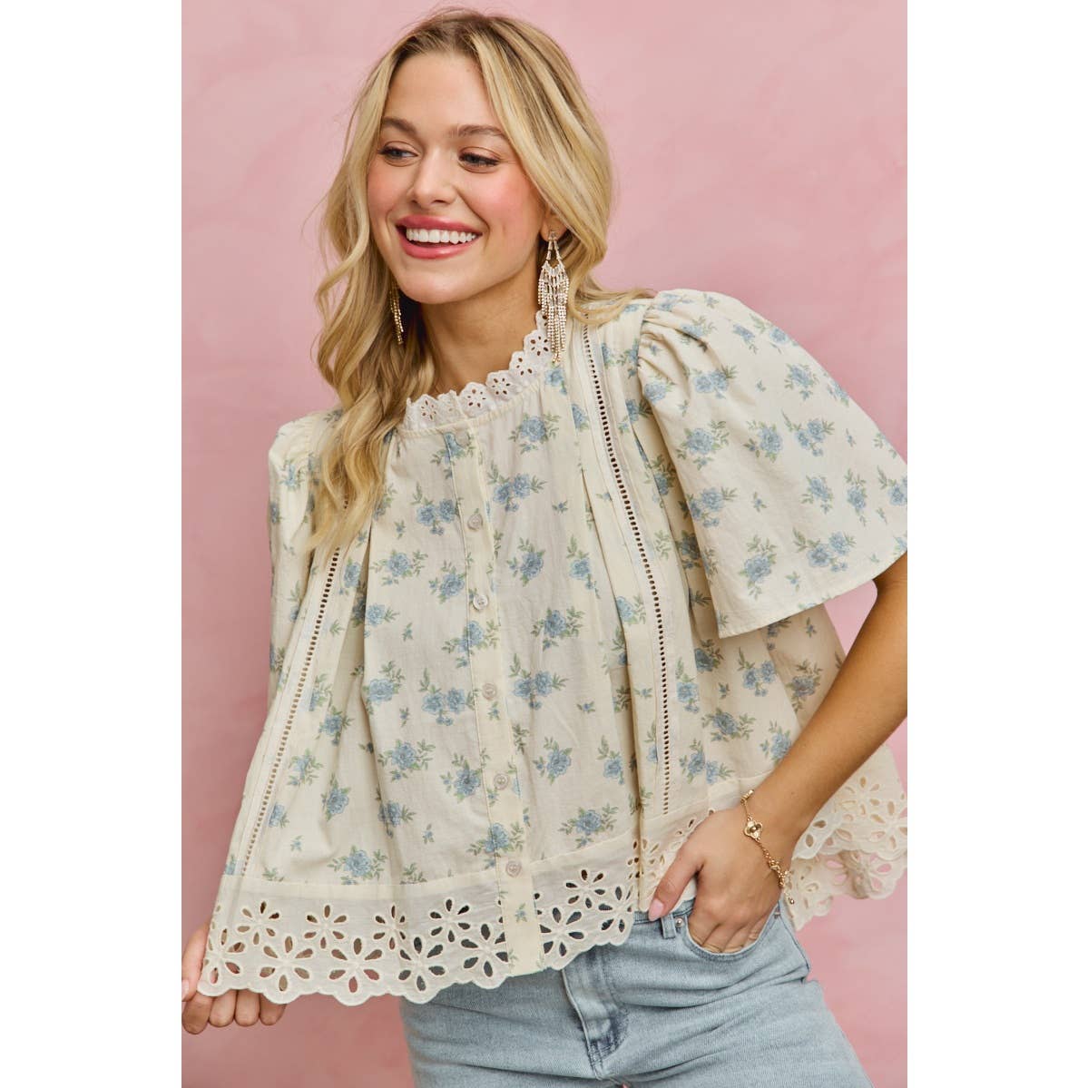 FLORAL PRINT LACE TRIM FLUTTER SLEEVES BLOUSE