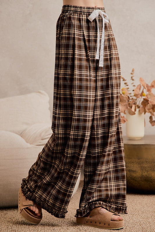 PLAID WIDE LEG RUFFLE PANTS