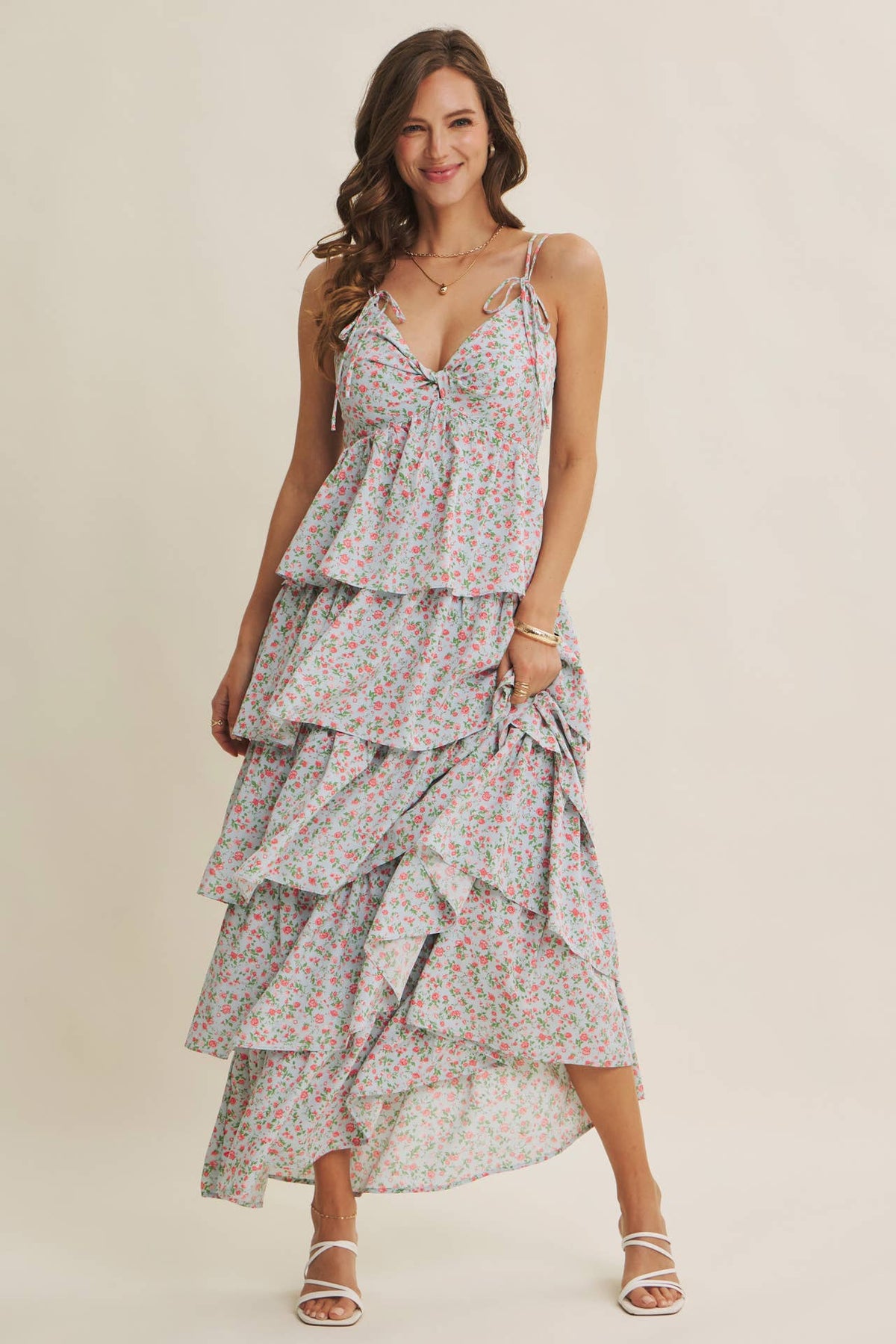 MORNING MEADOW TWISTED FRONT TIERED SMOCKED MAXI DRESS