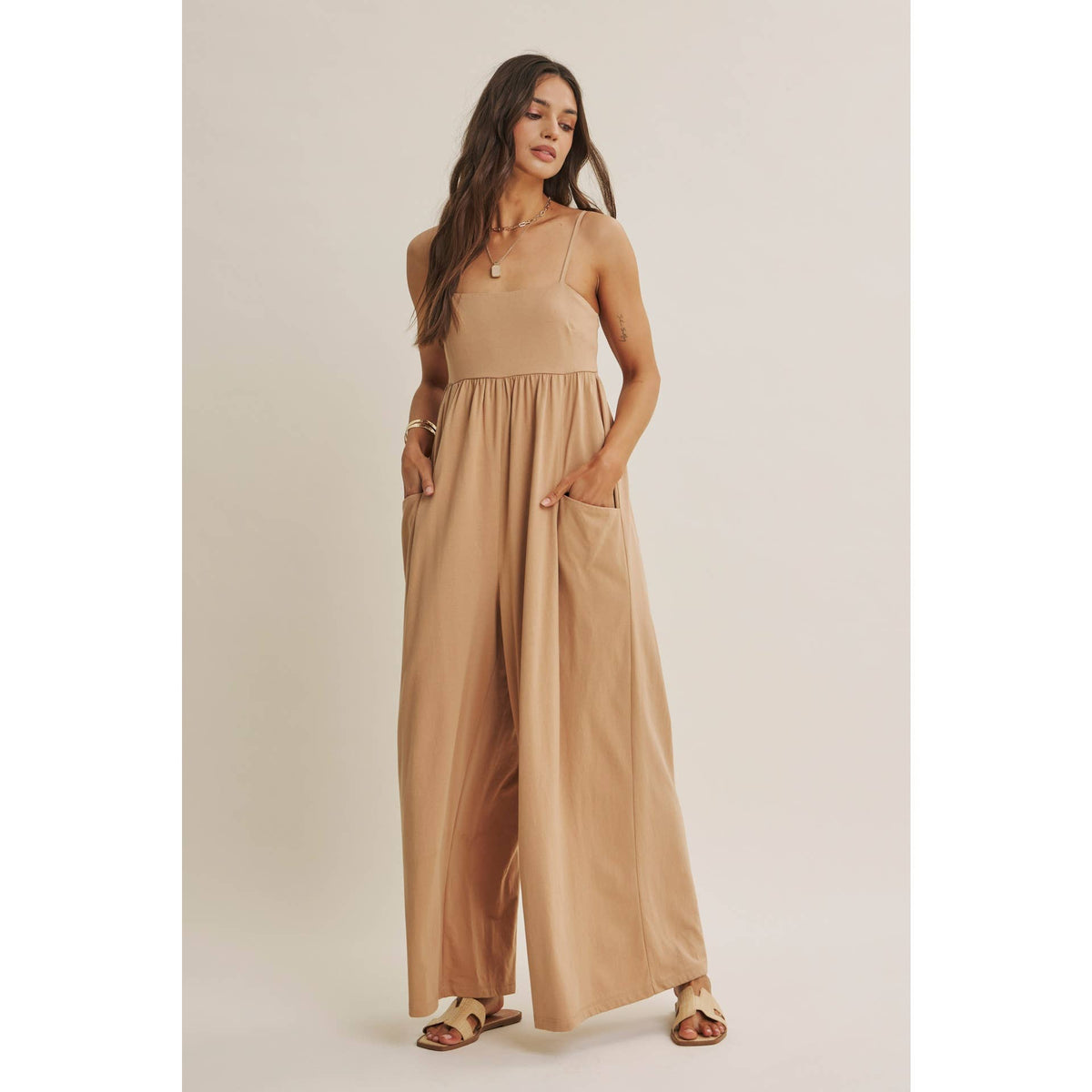 SLOW SUMMER FLOWY WIDE-LEG COTTON KNIT JUMPSUIT