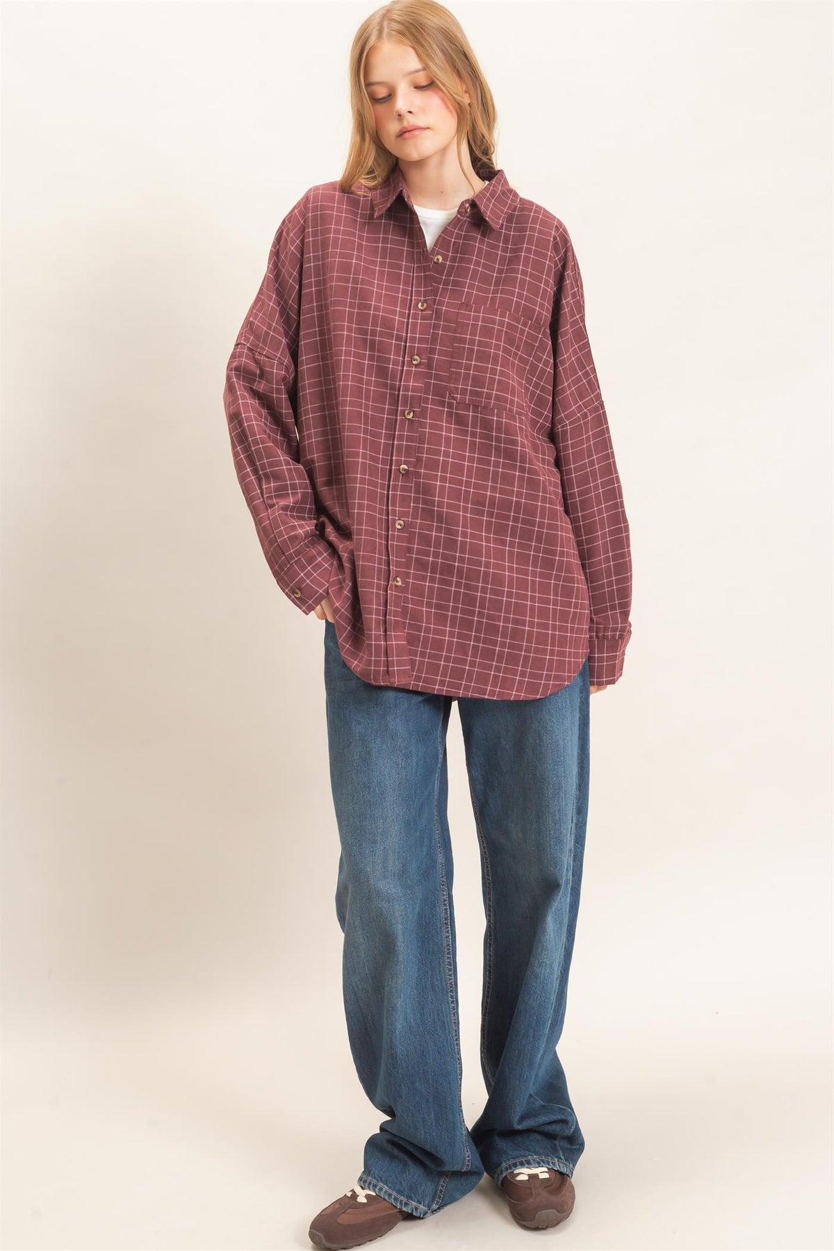 OVERSIZED PLAID BUTTON UP