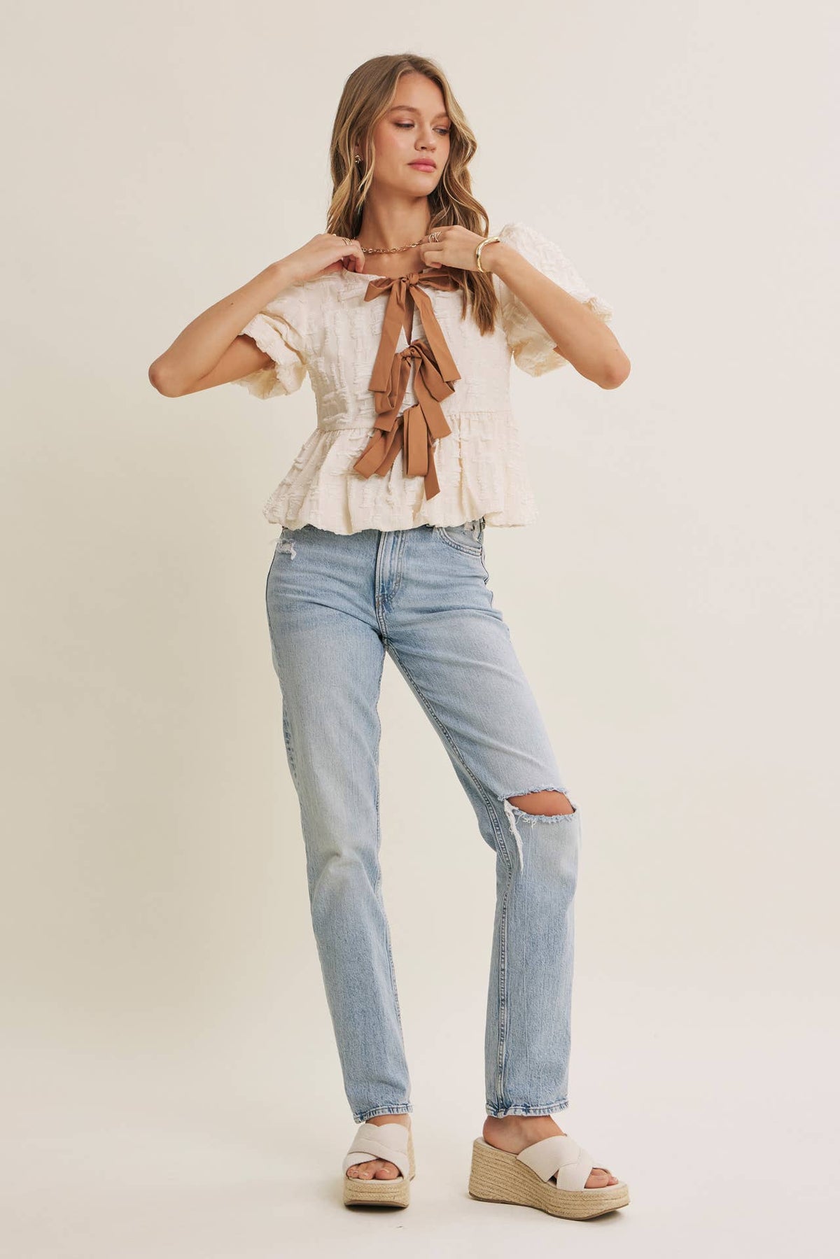 BESTSELLER ROMANTIC TEXTURED CONTRAST BOW PEPLUM BLOUSE