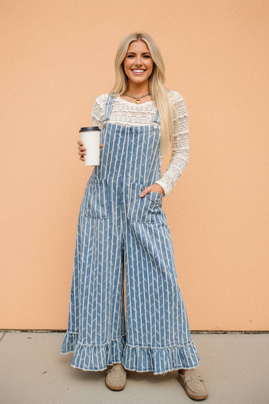 Stripe Denim Ruffle Wide Leg Overalls