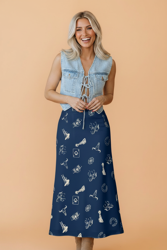 Western Lace Trim High Waist Maxi Skirt