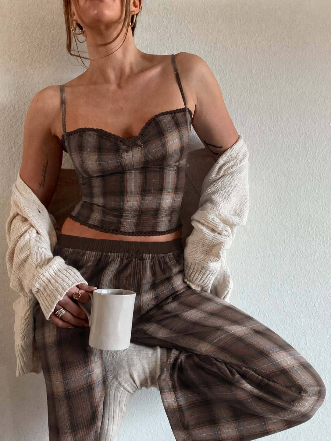 PLAID FLANNEL BUSTIER TOP AND PANTS SET