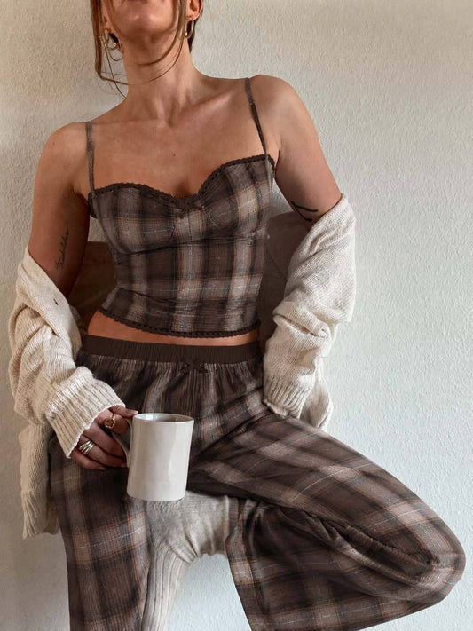 PLAID FLANNEL BUSTIER TOP AND PANTS SET