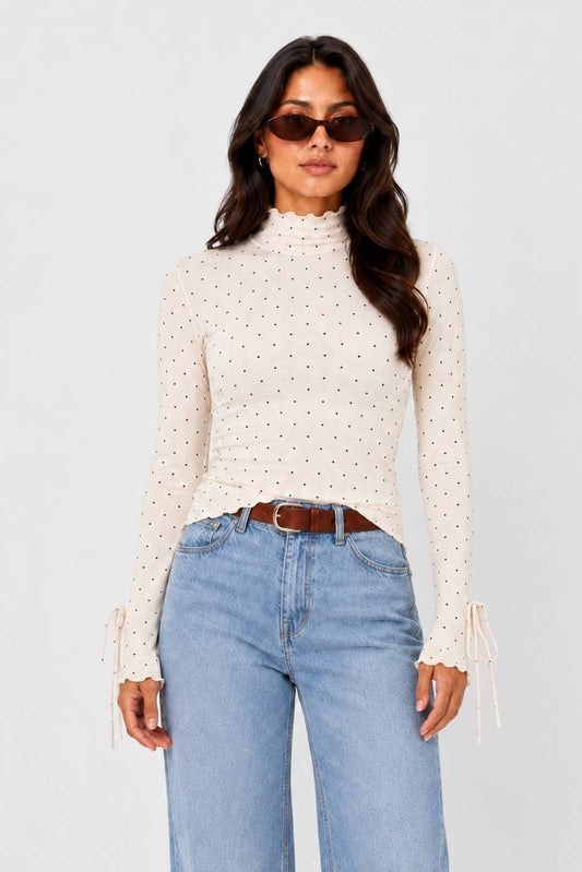 POLKA DOT RUFFLED TRIM LONG SLEEVE TOP