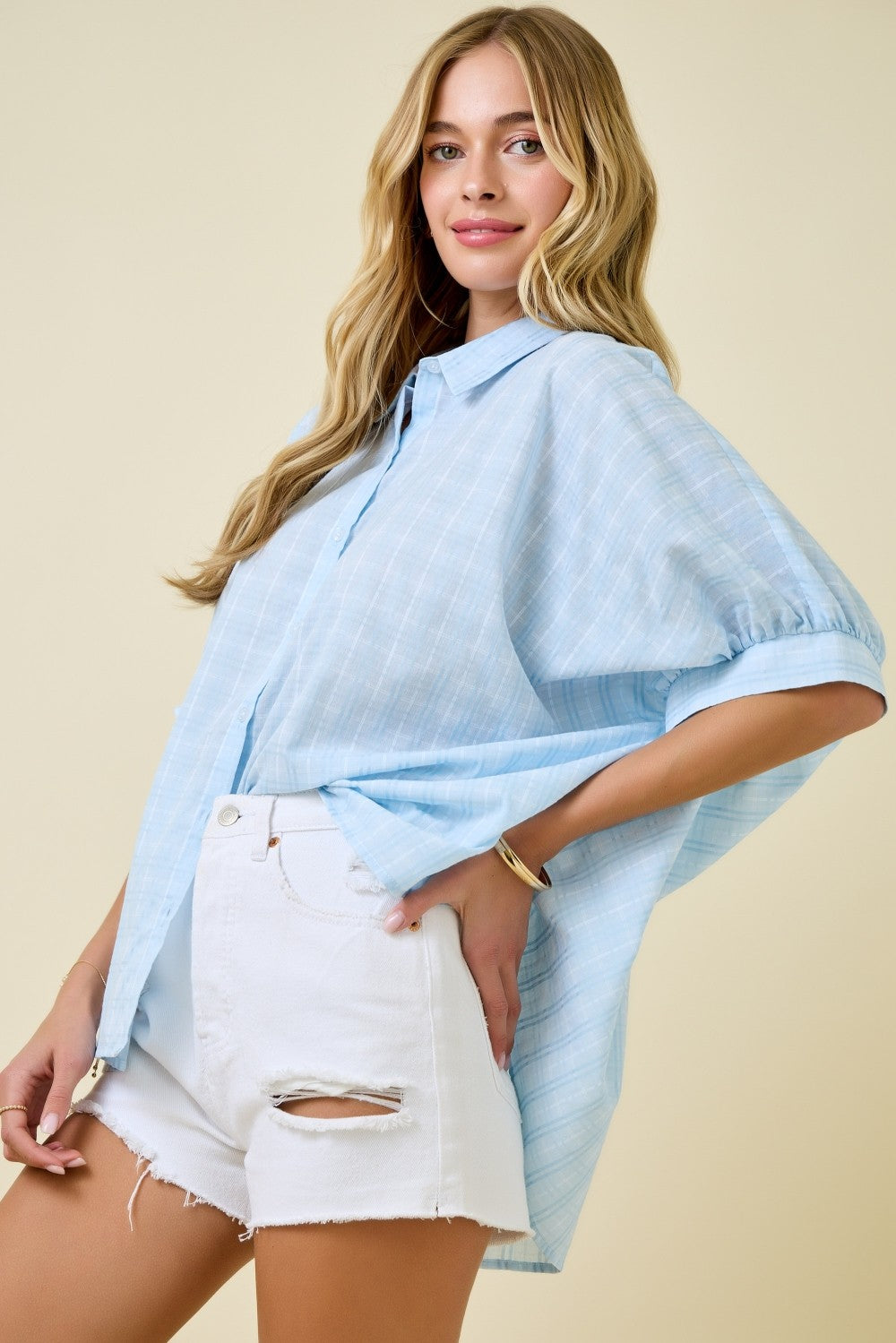 Button Down Textured Check Oversized Shirt Top
