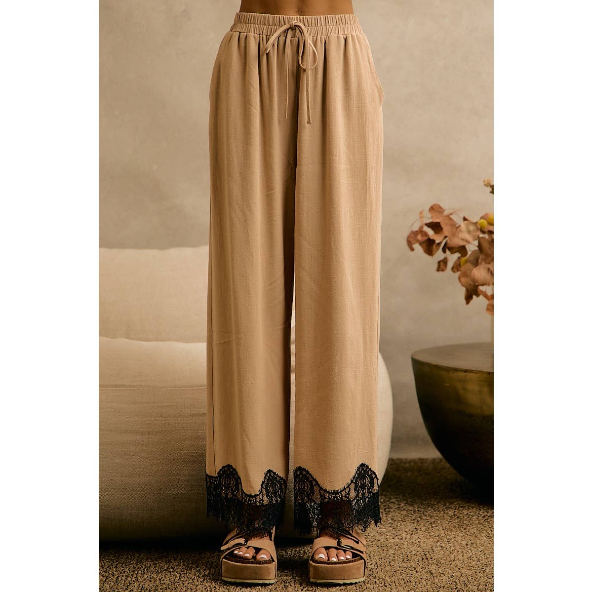 LINEN BLEND LACE TRIM BANDING WAIST PANTS