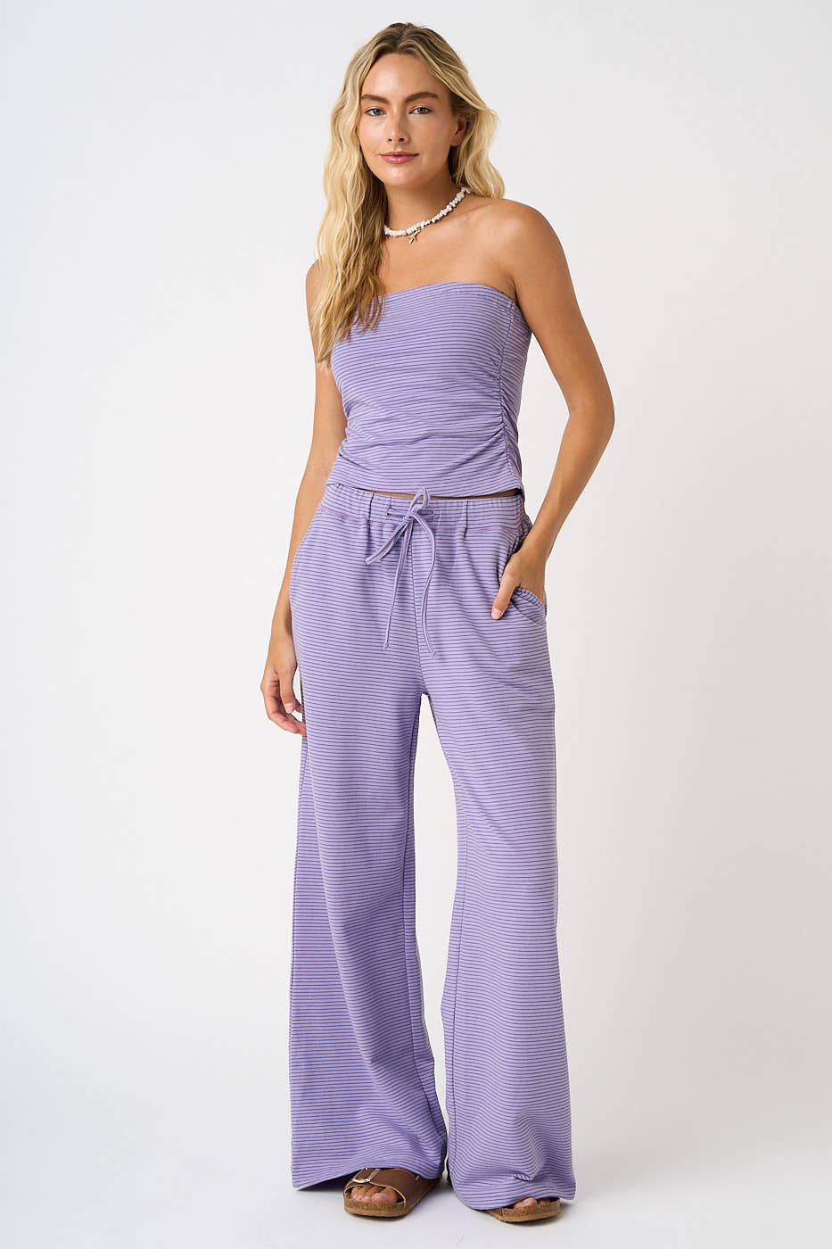 STRIPED PRINT SMOCKED BACK TUBE TOP AND PANTS SET