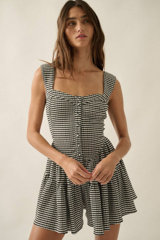 Gingham Sleeveless Fit-and-Flare Tiered Ruffle Romper