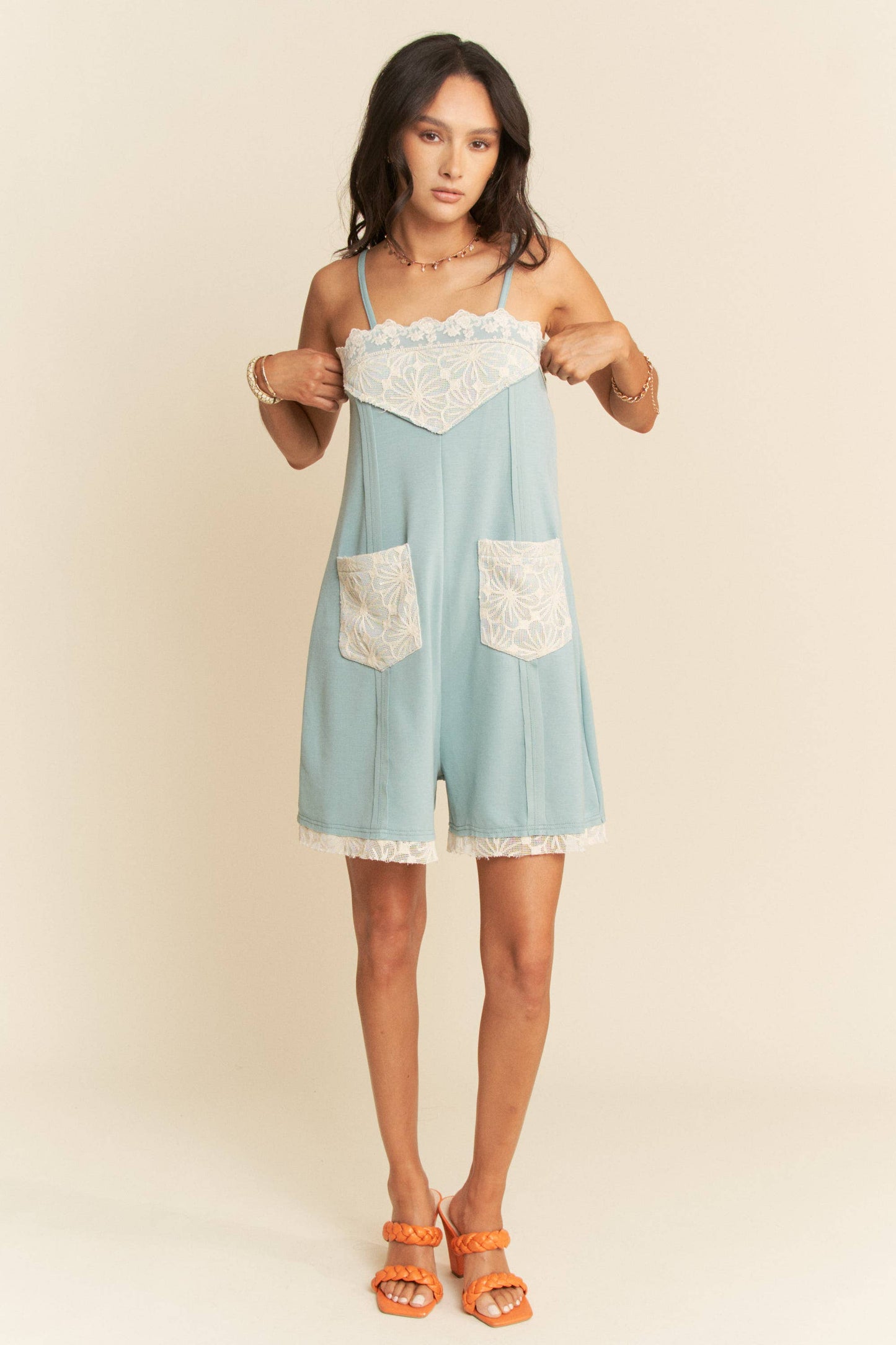 SOFT KNIT LACE INSERTED SEAM DETAIL ROMPER