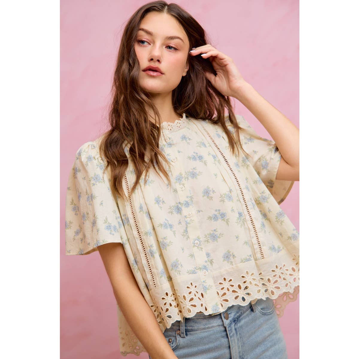 FLORAL PRINT LACE TRIM FLUTTER SLEEVES BLOUSE