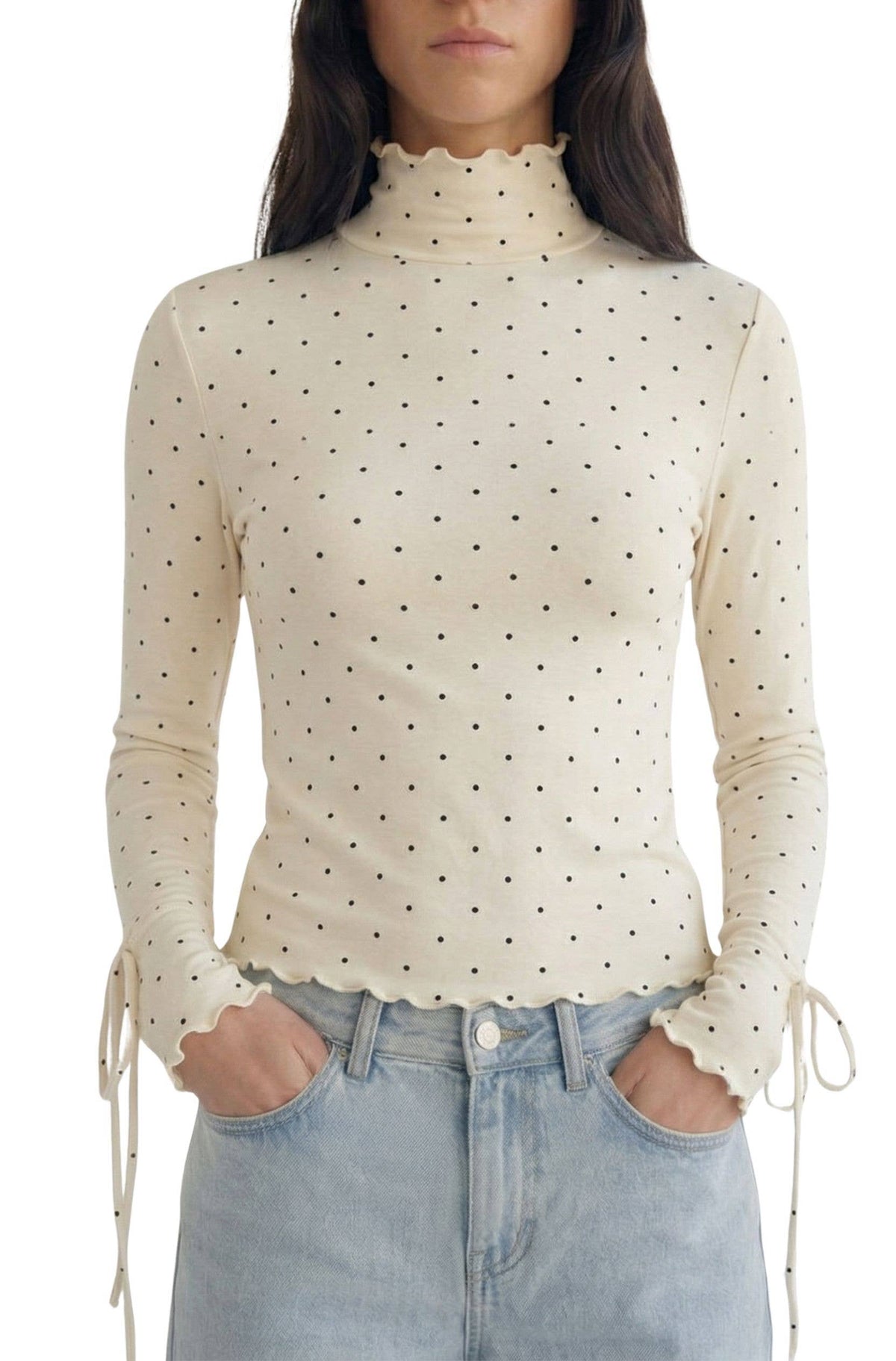 POLKA DOT RUFFLED TRIM LONG SLEEVE TOP