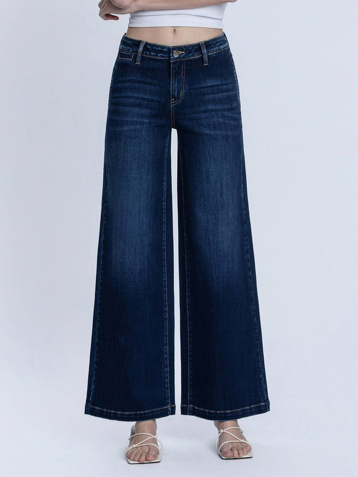 MID RISE TROUSER HEM DARK WASH WIDE JEANS