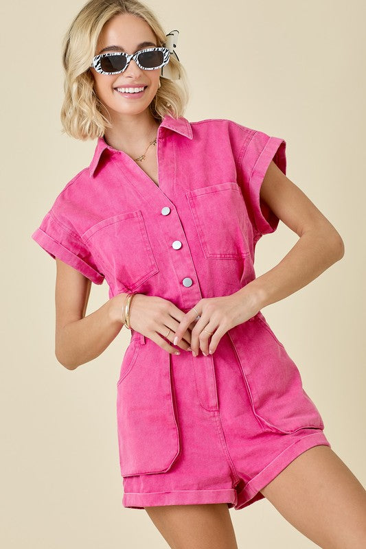 Pink Denim Romper