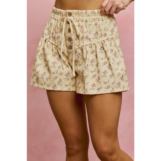 FLORAL PRINT DENIM PINTUCK ELASTIC WAIST SHORTS