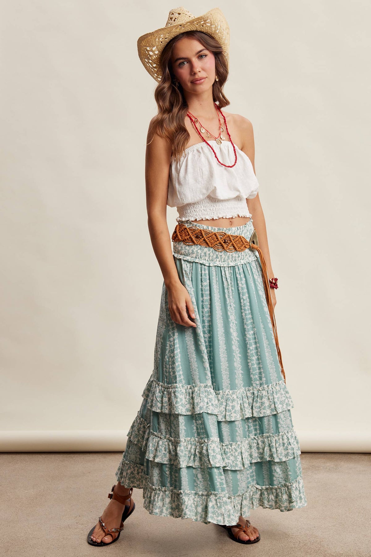 Mixed Print Tiered Maxi Skirt