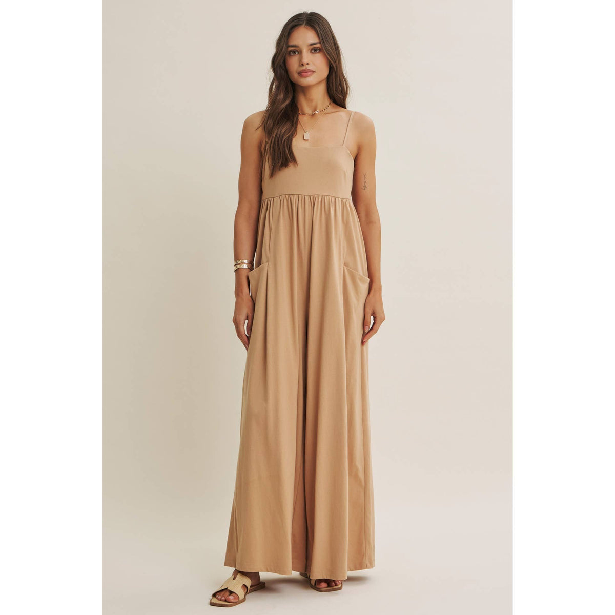 SLOW SUMMER FLOWY WIDE-LEG COTTON KNIT JUMPSUIT