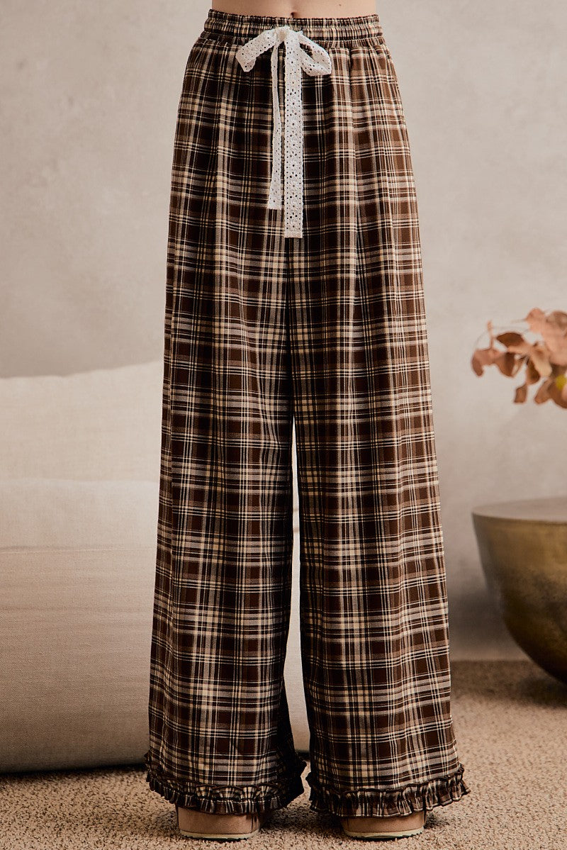 PLAID WIDE LEG RUFFLE PANTS