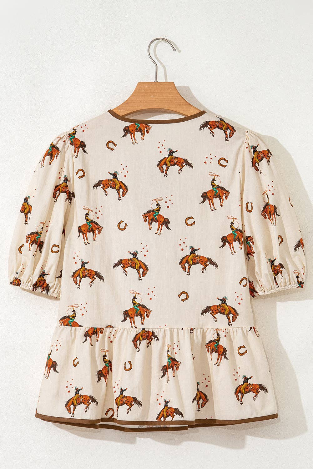 Western Cowboy Bow Tie Puff Sleeve Peplum Blouse