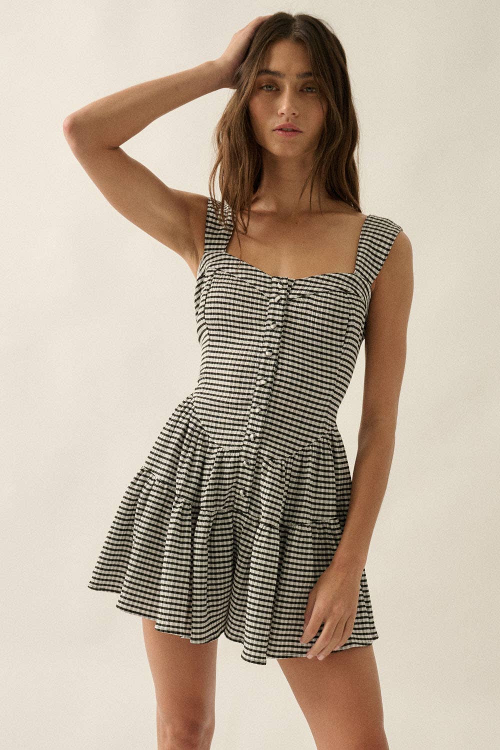 Gingham Sleeveless Fit-and-Flare Tiered Ruffle Romper