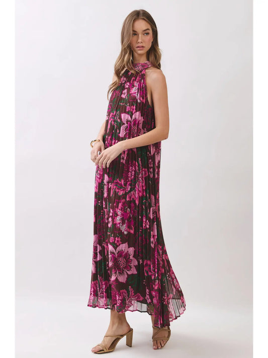FLORAL PLEATED HALTER MAXI DRESS