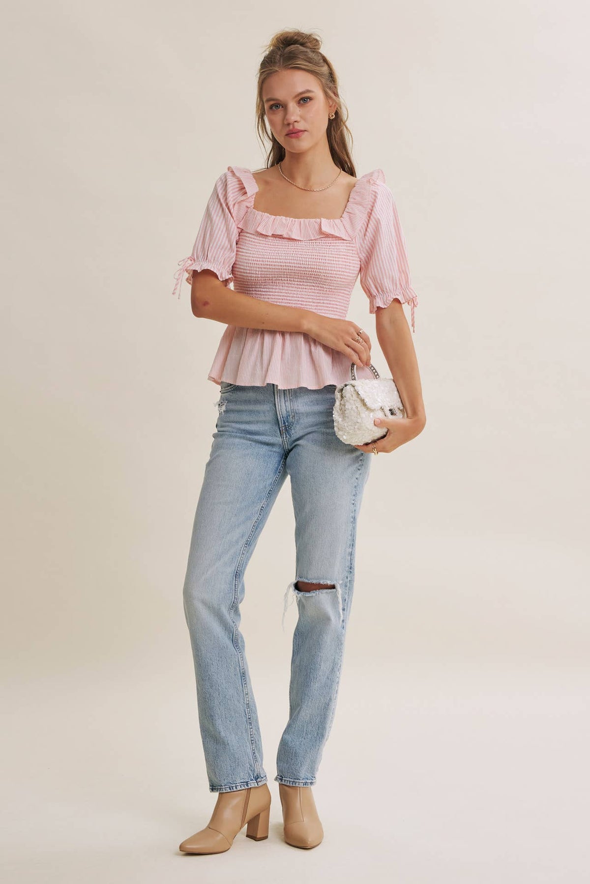 SOFT BREEZE RUFFLE SMOCKED STRIPE PEPLUM BLOUSE WITH BOW