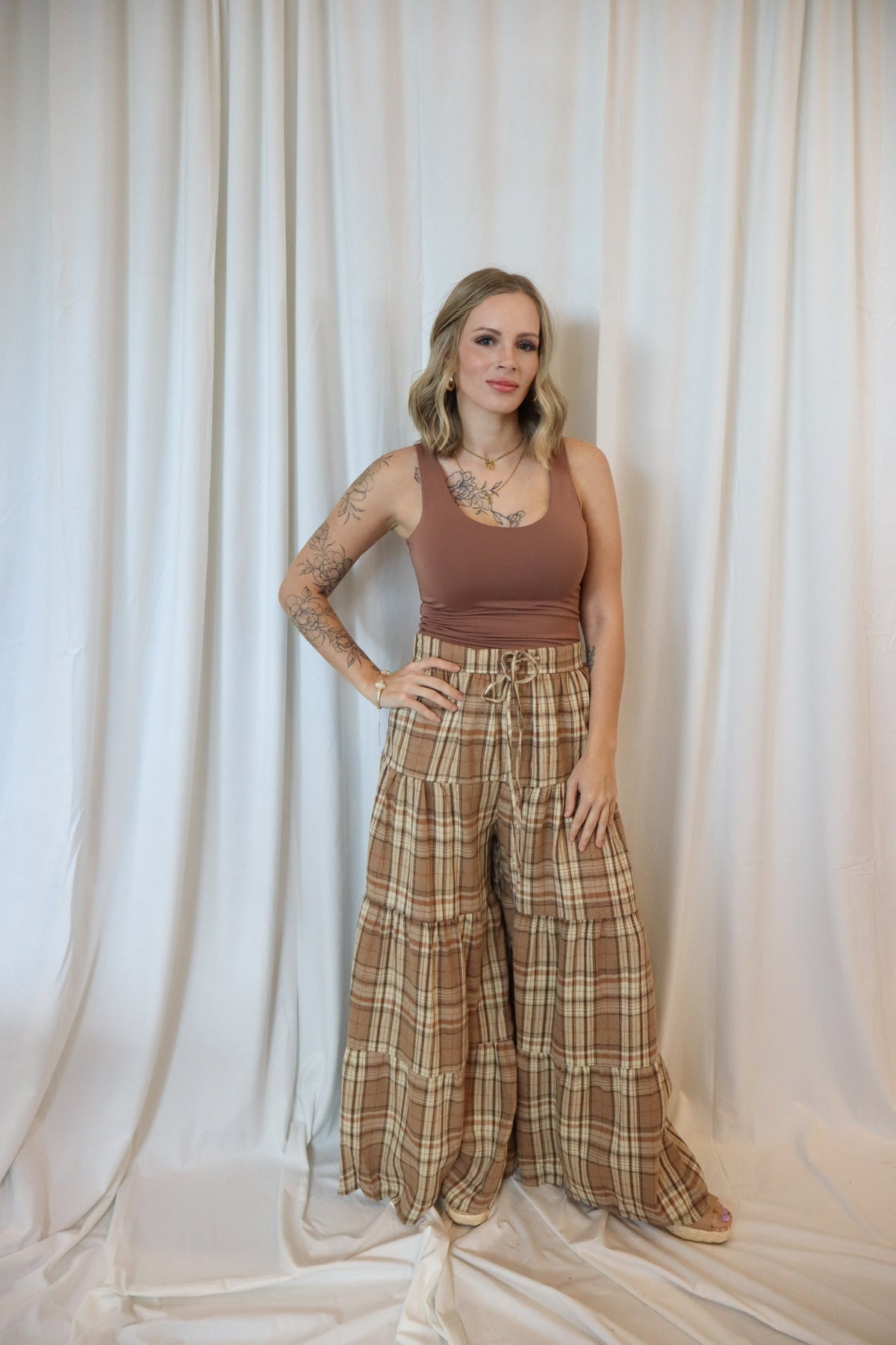 TIERED PLAID WIDE LEG PANTS