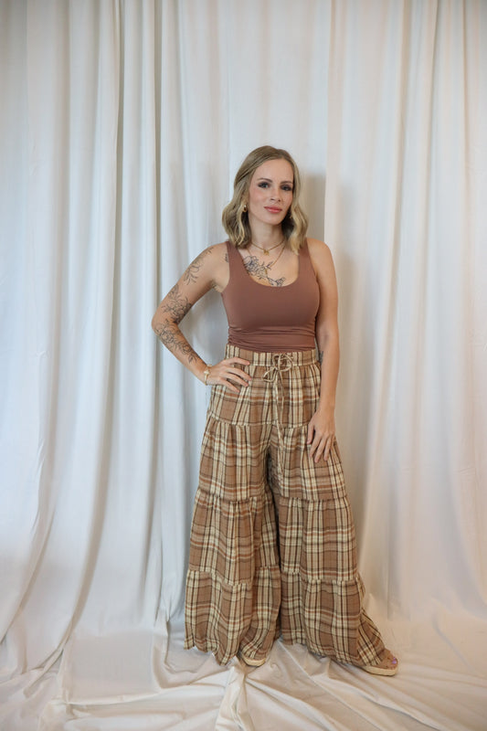 TIERED PLAID WIDE LEG PANTS