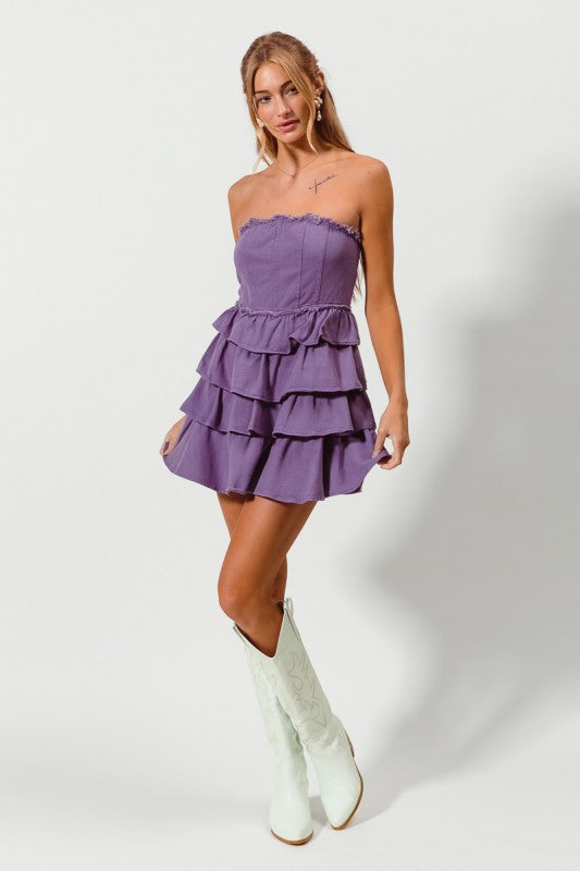Strapless Denim Ruffle Mini Dress