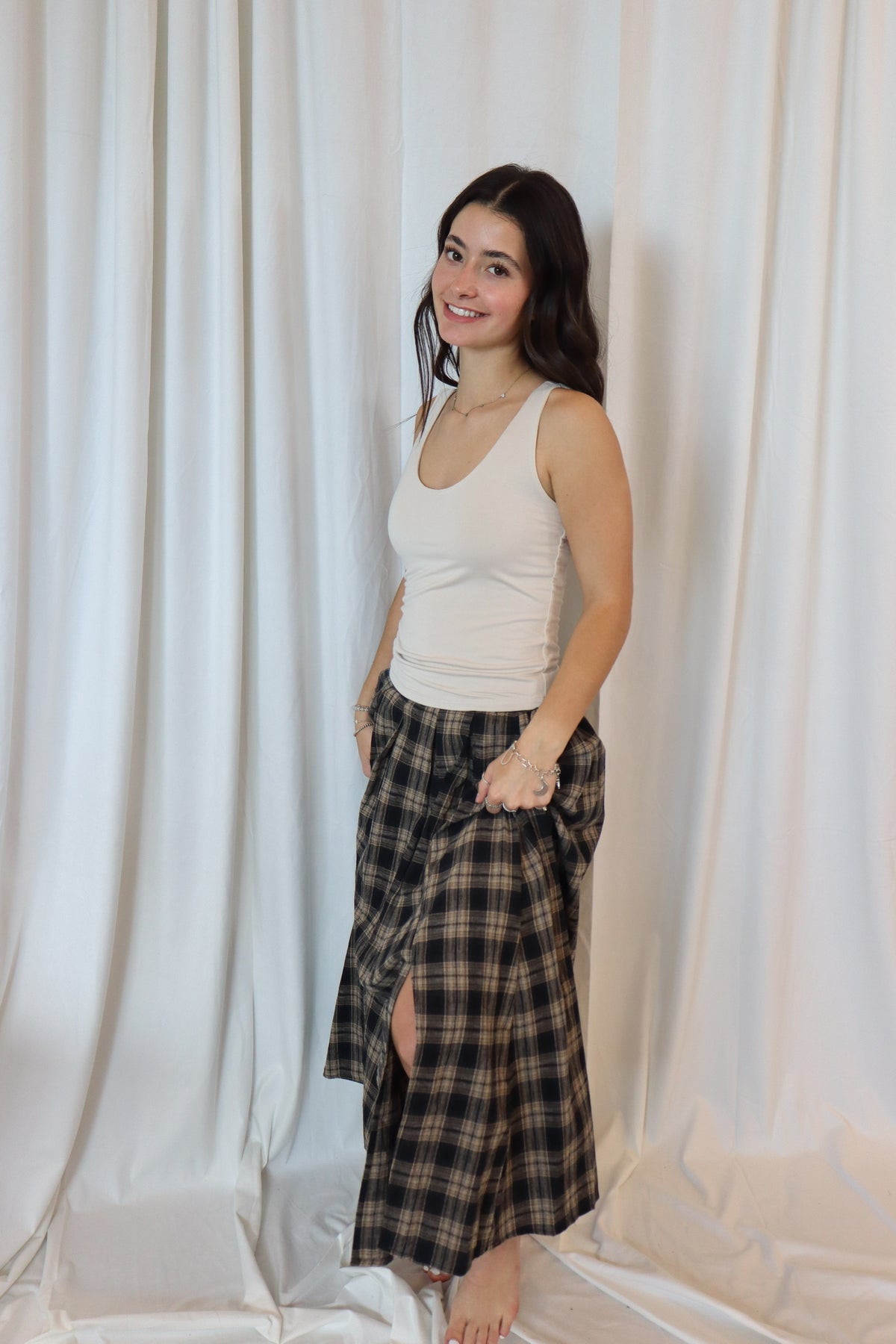 PLAID PLEATED MIDI SKIRT
