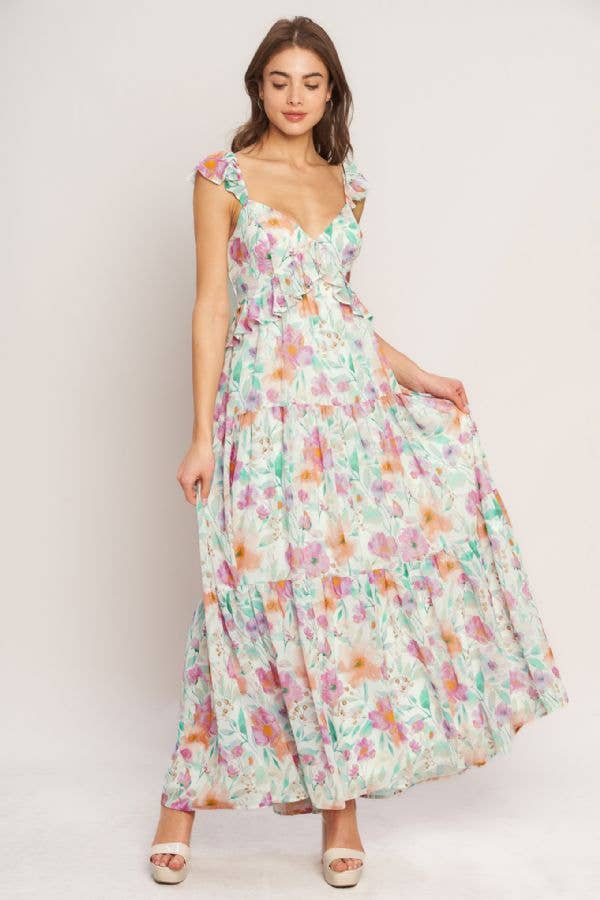 Ruffle Printed Floral Maxi
