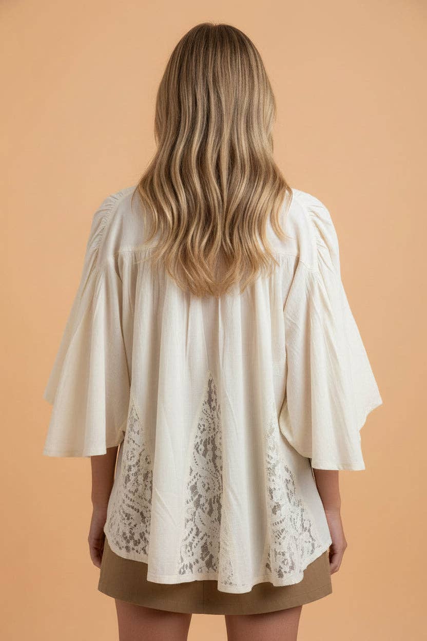 Sheer Lace Patchwork 3/4 Sleeve Flowy Shirt