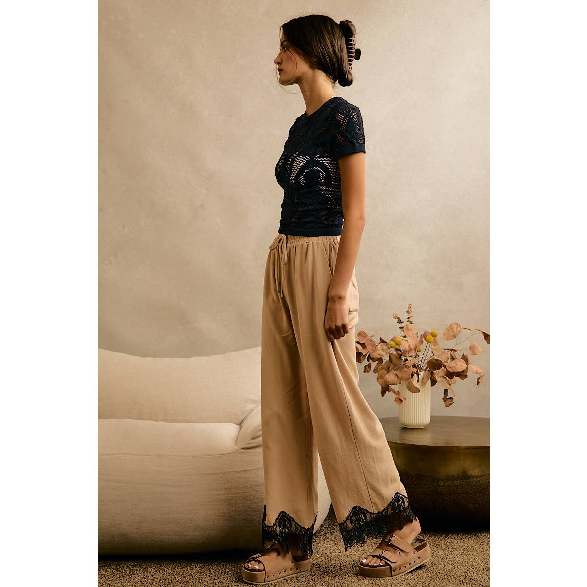 LINEN BLEND LACE TRIM BANDING WAIST PANTS