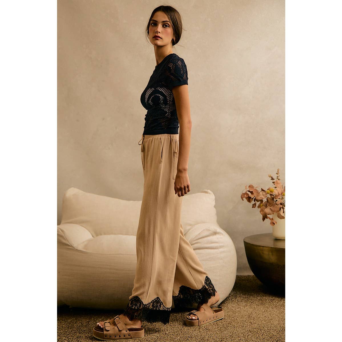 LINEN BLEND LACE TRIM BANDING WAIST PANTS