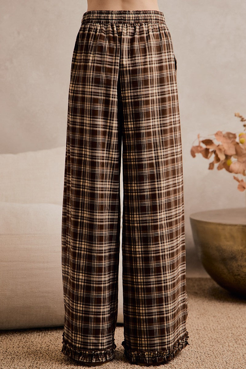 PLAID WIDE LEG RUFFLE PANTS