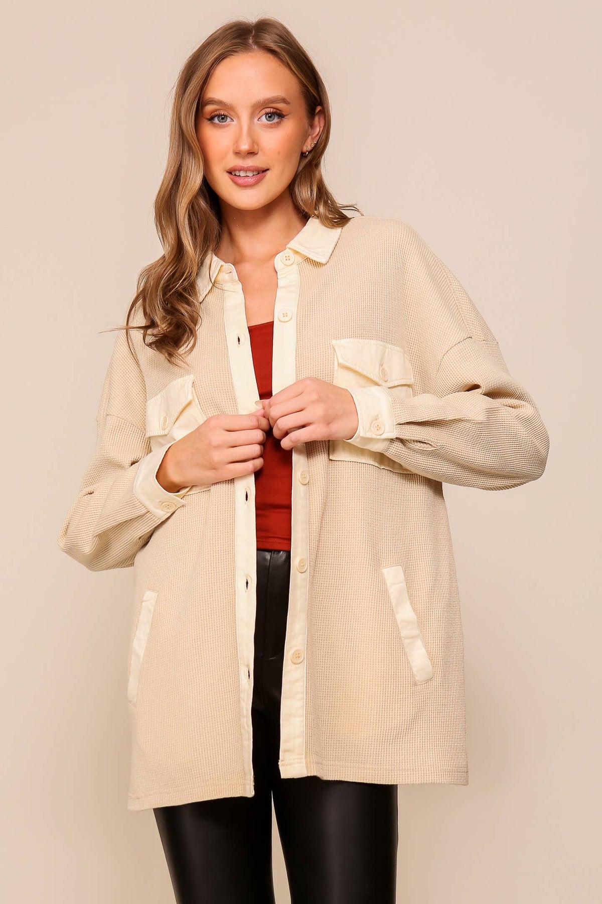 Waffle Knit Button-Down Shacket
