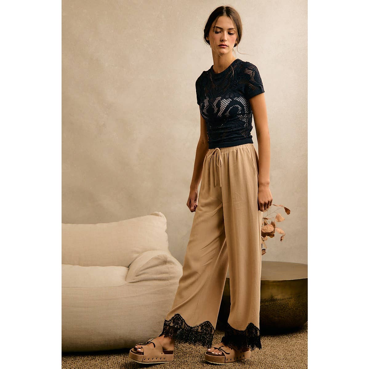 LINEN BLEND LACE TRIM BANDING WAIST PANTS