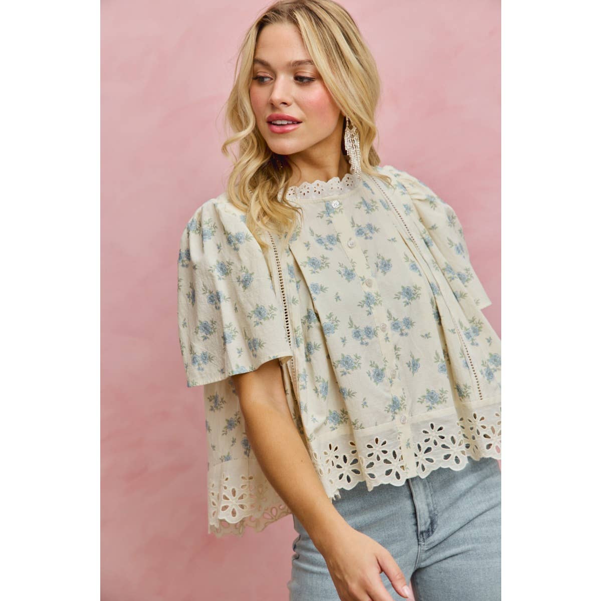 FLORAL PRINT LACE TRIM FLUTTER SLEEVES BLOUSE