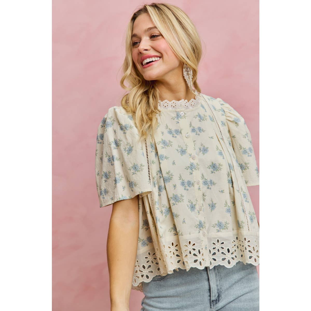FLORAL PRINT LACE TRIM FLUTTER SLEEVES BLOUSE