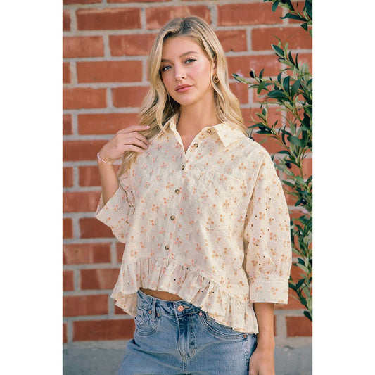 IVORY FLORAL EYELET PEPLUM BUTTON RUFFLE HEM BLOUSE