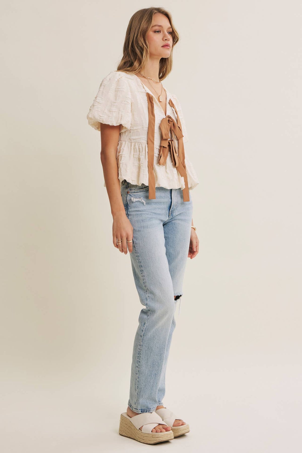 BESTSELLER ROMANTIC TEXTURED CONTRAST BOW PEPLUM BLOUSE