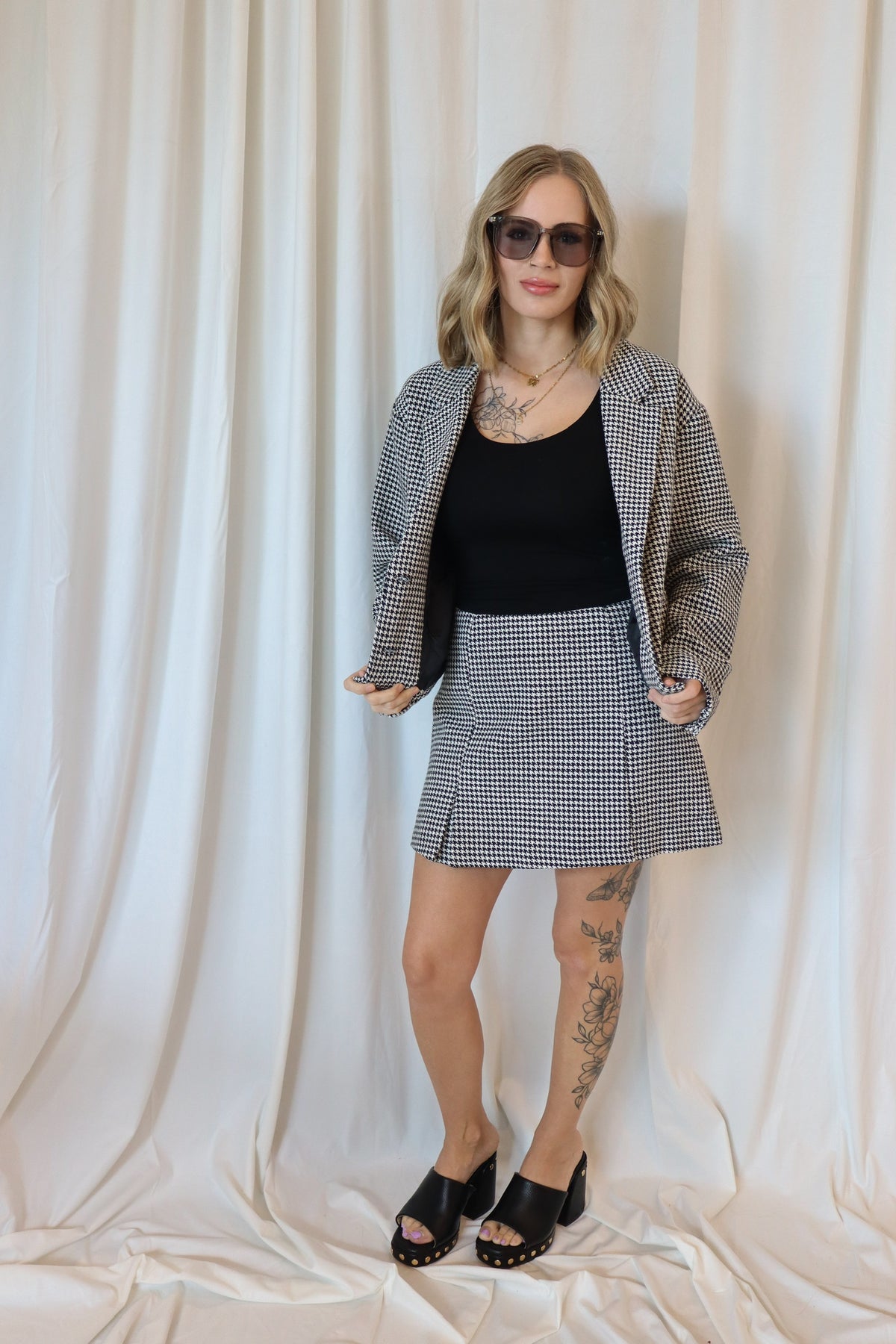 High Waist Houndstooth Woven Mini Skort