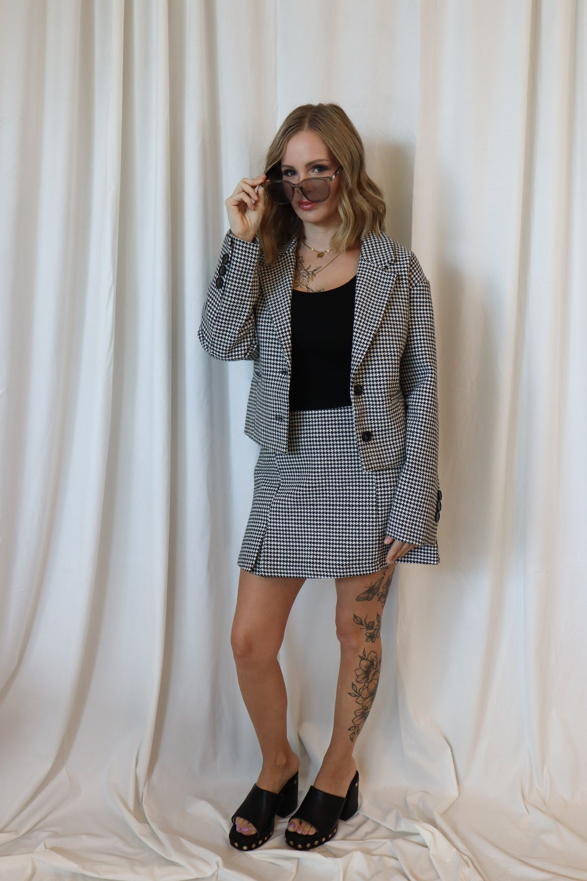 High Waist Houndstooth Woven Mini Skort